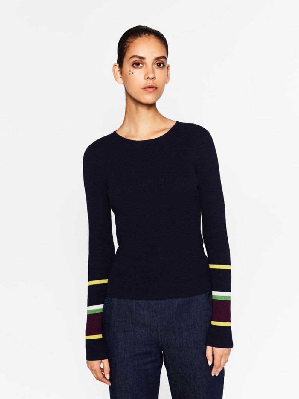 Navy Zara Knit Crewneck Ribbed Sweater